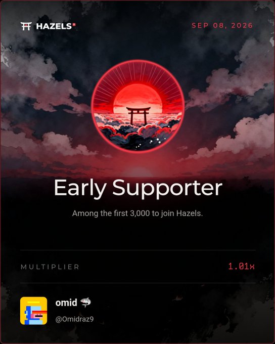 A digital certificate dated SEP 08, 2026 from Hazels grants 'Early Supporter' status to user @Omidraz9 with a multiplier of 1.01x, featuring a red Japanese torii gate illustration.