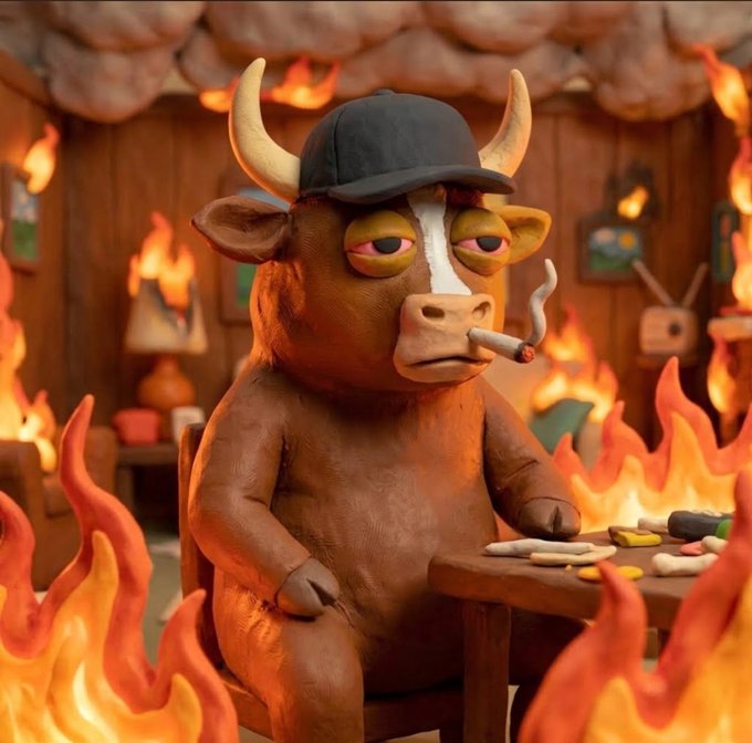 A 3D claymation-style artwork shows a bull wearing a black baseball cap and smoking a cigarette, sitting at a table with pills while surrounded by flames in a wooden room.