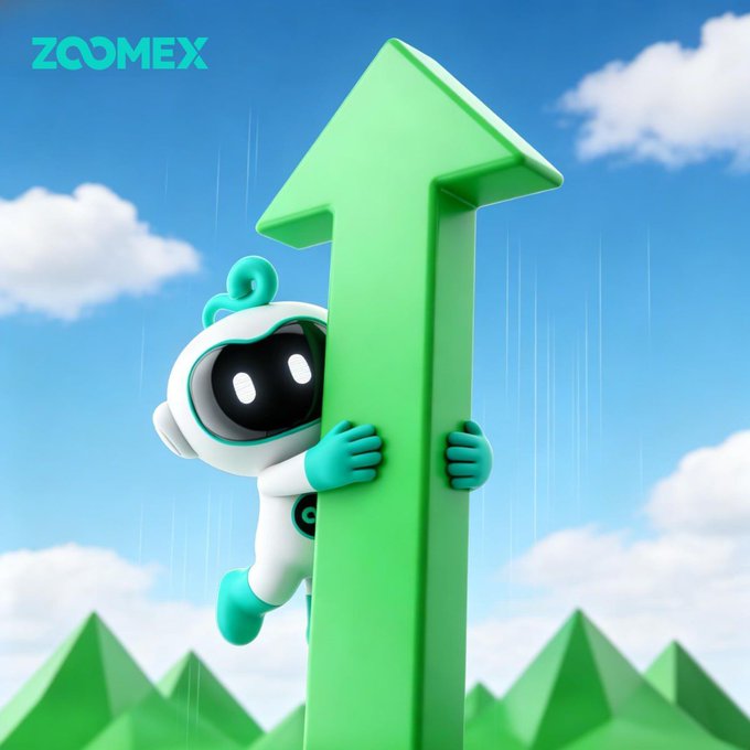 A cute teal and white robot mascot hugs a large green upward-pointing arrow against a blue sky with clouds, with the "ZOOMEX" logo visible in the top left corner—visually reinforcing the post's message of steadfastly holding onto bullish growth.