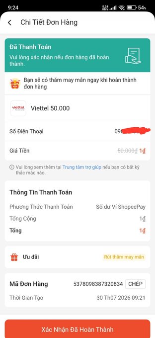 Vietnamese-language mobile screenshot of a ShopeePay order completion receipt for a "Viettel 50.000" phone top-up, showing payment details and order code 5378098387320834.