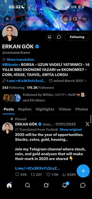 A Twitter/X profile page for 'ERKAN GÖK' (@uzmanerkann) with a pinned tweet about 2025 being the year of opportunities for stocks, coins, and gold.