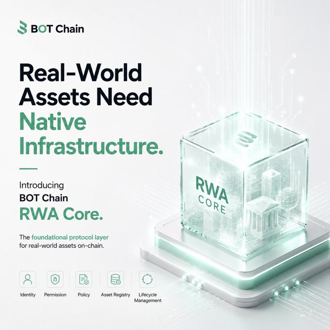 A promotional graphic for BOT Chain's RWA Core, advertising it as "Native Infrastructure" for real-world assets on-chain, featuring icons for identity, permission, policy, asset registry, and lifecycle management.