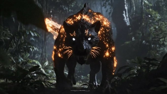 A dark, menacing wolf-like creature with glowing white eyes and cracks of fiery orange light emanating from its body stands in a shadowy forest setting.