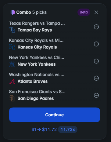 A screenshot of a Polymarket "Combo" beta feature showing 5 MLB picks—Tampa Bay Rays, Kansas City Royals, New York Yankees, Atlanta Braves, and San Diego Padres—selected for a 5-pick parlay with a potential payout of $11.72 (11.72x) on a $1 wager, illustrating the user's attempt to build a mega combo for the $50k prize pool.