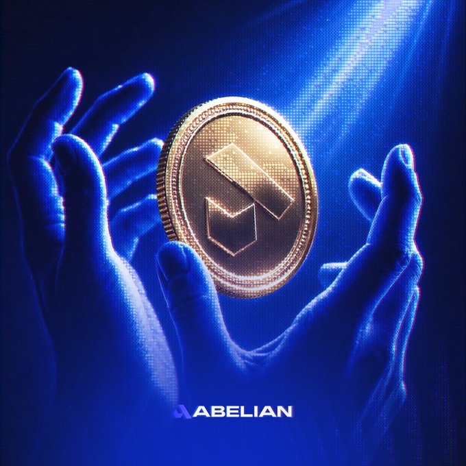 Hands cradle a golden coin with an 'A' emblem in blue lighting, with the text 'ABELIAN' displayed below.