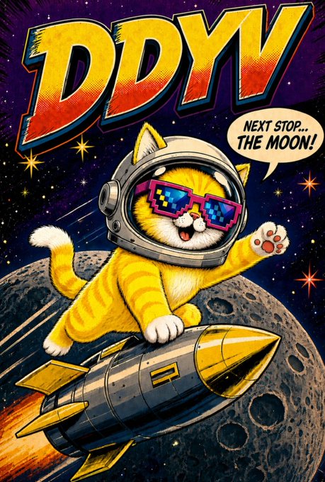 A vibrant cartoon poster featuring a yellow cat in a space helmet and pixelated sunglasses riding a rocket on the moon, with 'DDY' in large text and a speech bubble reading 'NEXT STOP... THE MOON!'.