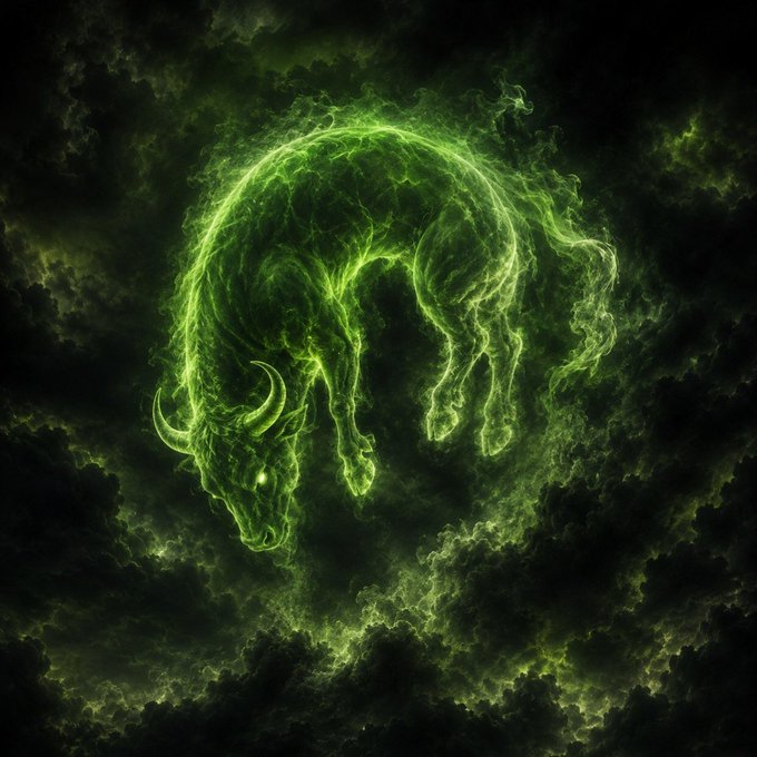 A glowing green bull made of ethereal energy charges downward through dark, stormy clouds.