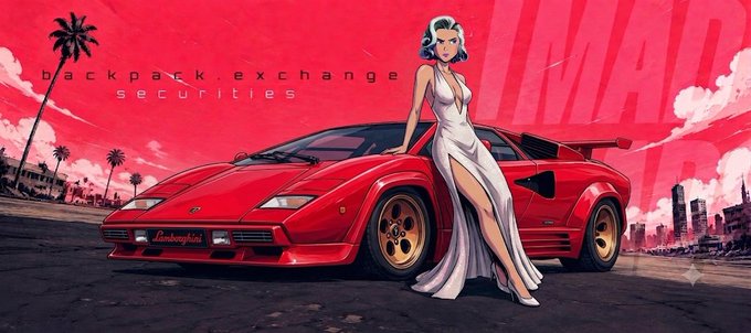 A stylized digital illustration featuring a woman in a white dress leaning against a red Lamborghini, with 'backpark.exchange securities' text on the left and a pink/red sunset background with palm trees and city skyline, plus the word 'LEAP' in large letters.