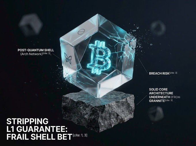 The image depicts a glowing Bitcoin symbol encased in a transparent cube with "POST-QUANTUM SHELL (Arch Network)" labeled on its surface, sitting atop a rough granite base labeled "SOLID CORE ARCHITECTURE UNDERNEATH," with a "BREACH RISK" callout on the cracking glass—all under the headline "STRIPPING L1 GUARANTEES: FRAIL SHELL BET." This visual illustrates the post's warning that while projects like @quipnetwork can deploy quantum-resistant security via Arch Network smart contracts, bypassing Bitcoin's soft fork process means relying on an external "shell" that exposes users to breach risk and strips away L1's native guarantees.