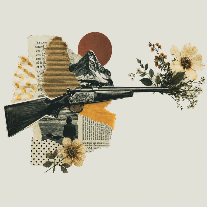A surreal collage featuring a vintage rifle floating amid cut-out fragments of book pages, a snowy mountain under a red sun, and pressed dried flowers.
