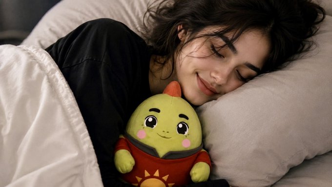 urn of a girl with a green face and red hair, holding a yellow bird plushie on her bed.