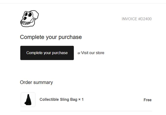 An invoice/purchase page with a skull logo, displaying 'INVOICE #D2400', a 'Complete your purchase' button, and an order summary showing 'Collectible Sling Bag × 1' marked as Free.