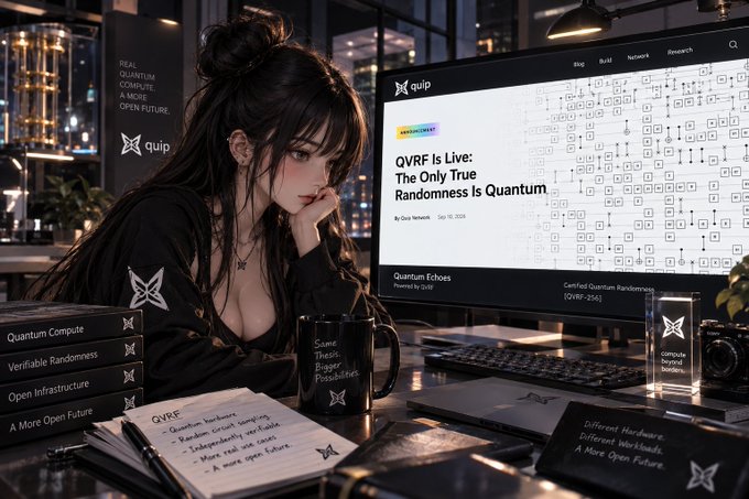 An anime-style digital artwork of a dark-haired woman working at a computer displaying an article titled 'QVRF Is Live: The Only True Randomness Is Quantum' on the 'quip' website, with a mug reading 'Same thing Paper enables Possibilities'.