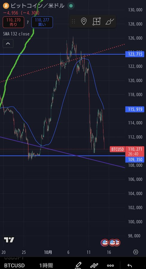 The image shows a TradingView chart of Bitcoin/USD (BTCUSD) on a 1-hour timeframe, with the current price at $110,271, down 4.30% (-$4,956), illustrating the sharp decline referenced in the caption about Bitcoin's recent downturn.
