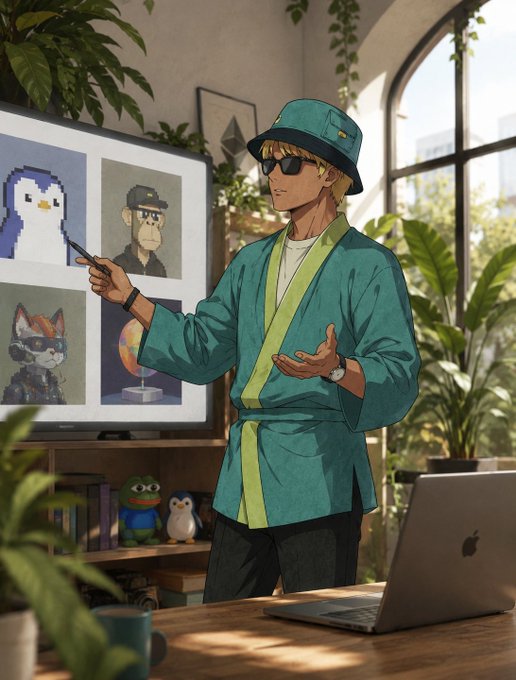An anime-style illustration of a blonde man in a green bucket hat, sunglasses, and teal robe gesturing toward a screen displaying NFT-style character art in a sunlit room.