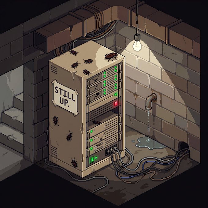 A pixel art style illustration of a dilapidated server rack in a dark corner, with cockroaches crawling on it, a note that reads 'STILL UP.', a dripping pipe, and a single exposed lightbulb overhead.