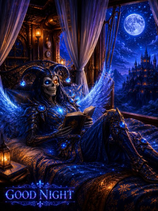 The image features a woman with wings sitting on a bed at night, holding a book. The background of the image shows a castle under a full moon, creating an enchanting atmosphere. The caption "Good Night Legends We build and rest Whether it red or green, find rest. Tomorrow $STKR X @RRMemeMilitia launchmynft.io/collections/4m".