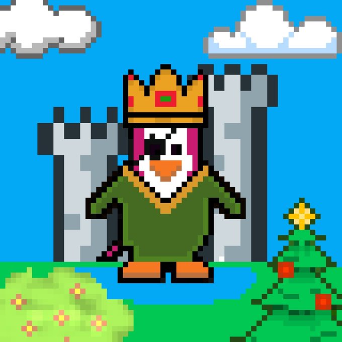 A pixel-art image of a penguin character wearing a golden crown and green robe, standing in front of a gray castle with a Christmas tree and flowers under a blue sky with clouds.