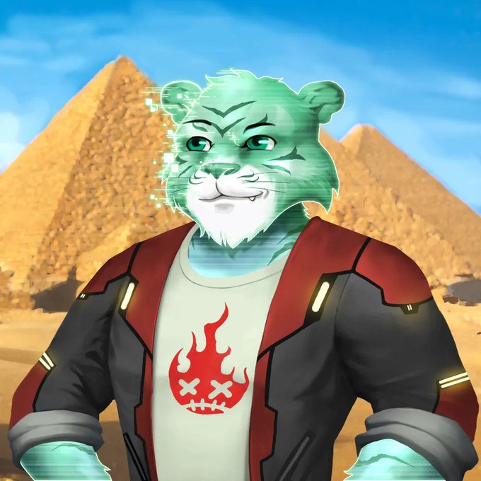 An anthropomorphic cyan tiger character wearing a red flame-logo shirt and a tech-style jacket stands before desert pyramids, with digital glitch effects across his face—matching the giveaway post's theme for the "RobinTravelTiger" NFT collection on Robinhood chain.