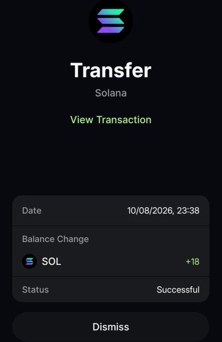 A mobile app screen showing a successful Solana cryptocurrency transaction notification for +18 SOL dated 10/08/2026, 23:38.