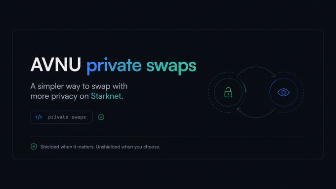 A promotional graphic for 'AVNU private swaps' advertises 'A simpler way to swap with more privacy on Starknet,' featuring icons representing locked and visible states.