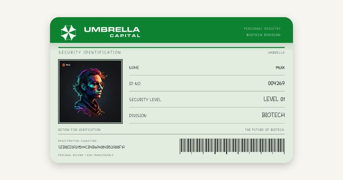 A digital security identification card for 'UMBRELLA CAPITAL' labeled 'BIOTECH DIVISION' with the name 'muJx', ID No. '004269', and a Level 01 clearance featuring a neon portrait photo.