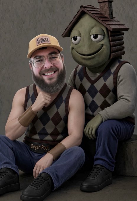 A man with a beard, glasses, and a 'Coors' cap wearing a sweater vest, sitting next to a character with a cabin-shaped head and matching argyle sweater.
