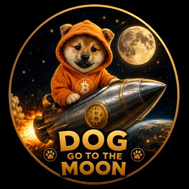 A digital illustration featuring a Shiba Inu dog wearing an orange hoodie with a Bitcoin logo, riding a rocket toward the moon, with the text 'DOG GO TO THE MOON'.