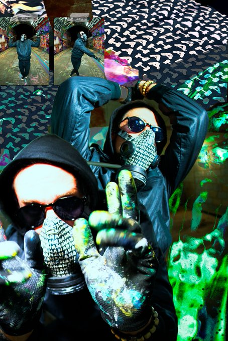 A surreal, glitchy digital collage featuring a figure in a hooded sweatshirt, sunglasses, and bandana mask, with inset images of a person dancing in an urban setting, rendered in high-contrast green and black tones.