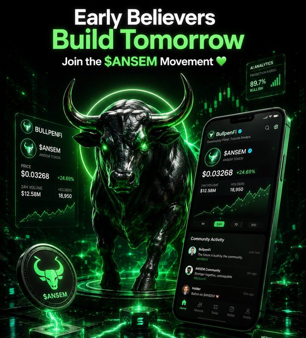 Promotional crypto poster for $ANSEM token on the Bullpenfi platform, featuring a glowing-eyed bull statue, AI analytics showing 89.7% bullish prediction, price of $0.03268 (+24.69%), and 24H volume of $12.58M.