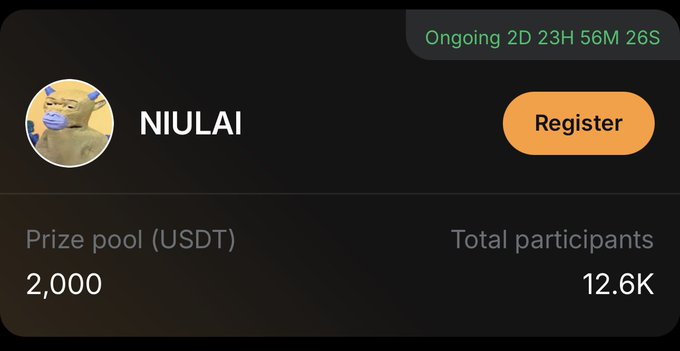 A trading competition banner for NIULAI on Bybit displays an ongoing timer (2D 23H 56M 26S), a 2,000 USDT prize pool, 12.6K total participants, and a Register button, promoting the NIULAIUSDT perpetual contract event mentioned in the post.