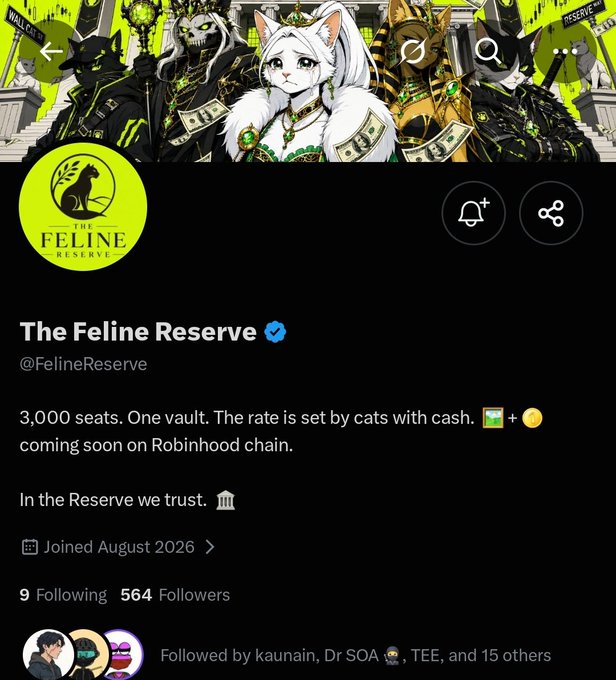 A social media profile for 'The Feline Reserve' (@FelineReserve) featuring an illustrated white cat character with other cat figures, describing itself as '3,000 seats. One vault. The rate is set by cats with cash.'