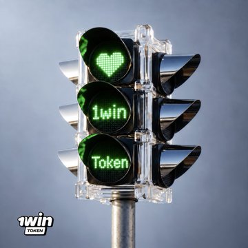 A surreal image of a traffic light displaying a green heart icon and the words "1win" and "Token" on its screens, with a "1win Token" logo in the bottom left corner.