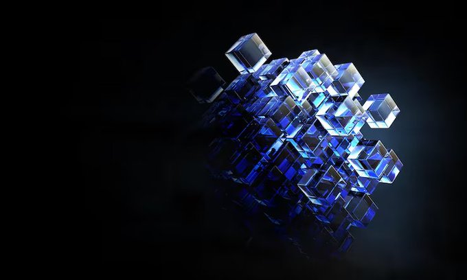 A cluster of glowing blue translucent cubes floats against a black background, arranged in a complex, abstract 3D formation.