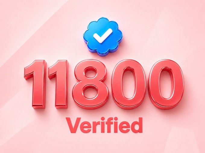 A graphic displays the number '11800' in large 3D red text with 'Verified' below it, topped by a blue checkmark icon on a pink background.