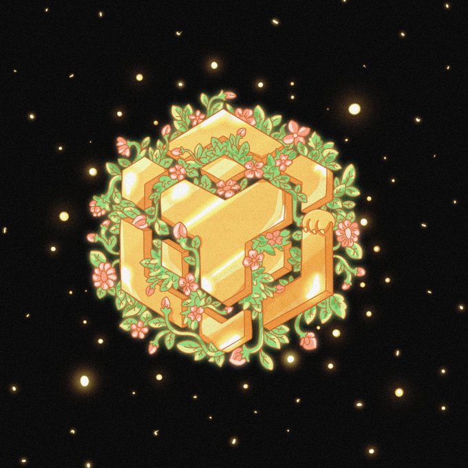 A decorative golden geometric logo intertwined with green vines and pink flowers floats against a black background scattered with glowing yellow specks.
