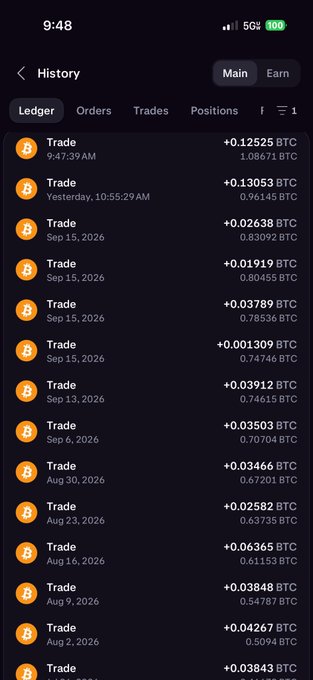 A screenshot of a cryptocurrency transaction history shows a series of Bitcoin (BTC) trades marked with orange Bitcoin icons, with the most recent trade at 9:47:39 AM showing a +0.12525 BTC purchase (1.08671 BTC total), alongside other buys ranging from +0.02638 BTC to +0.13053 BTC throughout September 2026. The trade history directly supports the post's claim of accumulating spot BTC buys during the week in anticipation of the upcoming bull market.