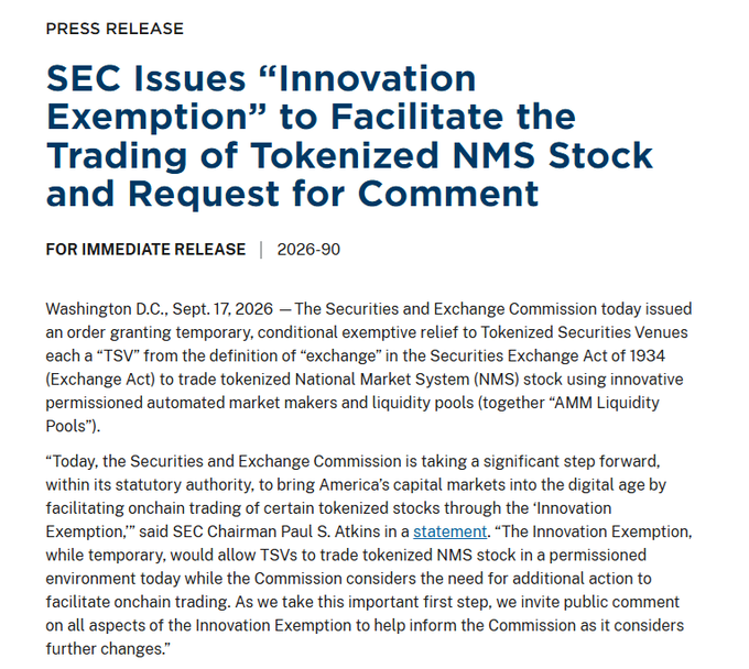 The image displays an SEC press release dated Sept. 17, 2026, titled "SEC Issues 'Innovation Exemption' to Facilitate the Trading of Tokenized NMS Stock and Request for Comment," featuring SEC Chairman Paul S. Atkins' statement about granting temporary, conditional exemptive relief to Tokenized Securities Venues (TSVs) to trade tokenized National Market System (NMS) stock using permissioned AMM Liquidity Pools—directly supporting the accompanying post's news about the new regulatory relief for tokenized stock venues and permissioned automated liquidity pools.