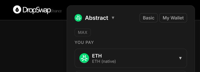 A screenshot of the DropSwap Finance interface showing an 'Abstract' wallet option with 'My Wallet' selected, displaying a 'YOU PAY' field set to 'ETH (native)'.