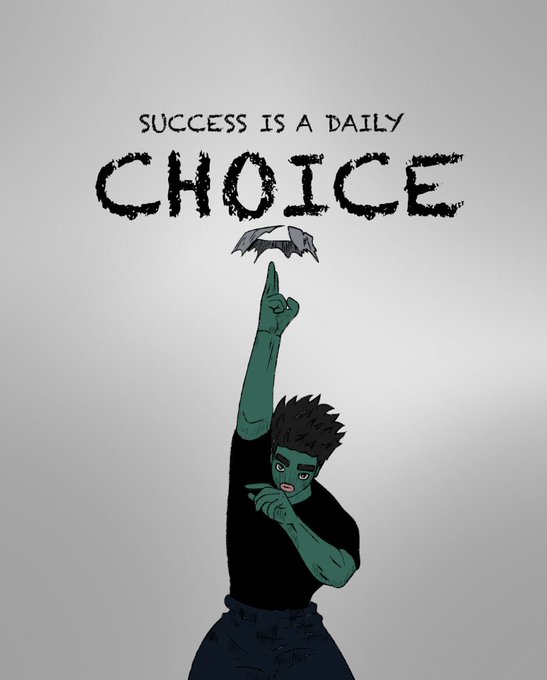 Illustration of a green-skinned character pointing upward at the words 'SUCCESS IS A DAILY CHOICE'.