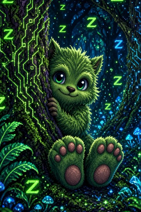A digital illustration of a cute, fluffy green creature sleeping in a glowing, cyber-themed forest, surrounded by neon green circuit board patterns and 'Z' symbols indicating sleep.