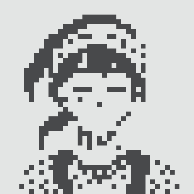 A pixel art portrait of a person with messy hair and an expressive face rendered in black and white.
