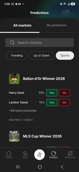 A mobile app screenshot of a "Predictions" page showing "All markets" with options for "Trending," "Up or Down," and "Sports," listing markets like "Ballon d'Or Winner 2026" with Harry Kane at 59% Yes and Lamine Yamal at 18% Yes, as well as "MLS Cup Winner 2026."