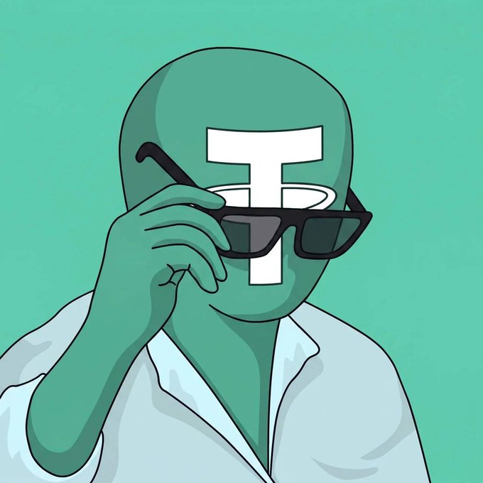 An illustrated cartoon of a green figure with a white 'T' on its face, wearing sunglasses and a lab coat, in a style associated with the Tether (USDT) cryptocurrency.