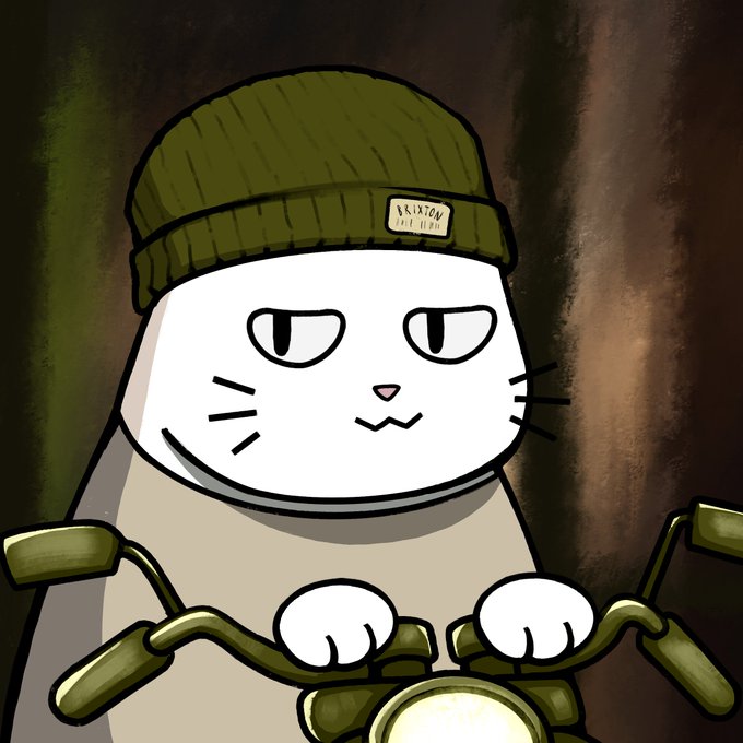 An illustration of a white cartoon cat wearing an olive green Brixton beanie, riding what appears to be a motorcycle or scooter.