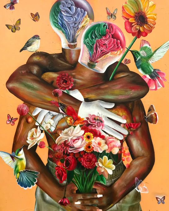 A surreal painting shows two figures embracing, with heads depicted as lightbulbs filled with colorful smoke and a vibrant bouquet of flowers held between them, surrounded by hummingbirds and butterflies against an orange background. The post "art on $eth QT yours" suggests this piece is being shared as crypto/NFT art on the Ethereum blockchain, likely offered for sale.
