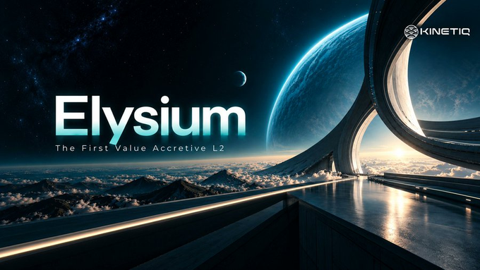 A futuristic space-themed promotional image for “Elysium” with the subtitle “The First Value Accretive L2” and a KINETIQ logo. It illustrates the Elysium L2 ecosystem described in the accompanying post, which lists projects such as AscendLaunch, oxleydotfun, SignalFam, and ChainzyLabs.