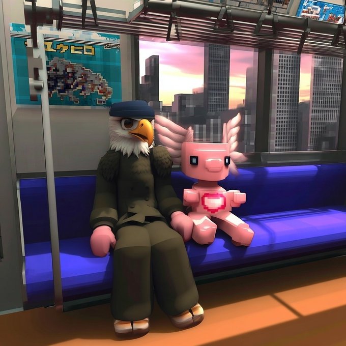 The image features two cartoon characters sitting next to each other on a blue couch inside a subway car. One character has an eagle head, while the other has a pink pig head. The scene appears to be from a 3D rendering or animation, with the characters positioned in front of a window that offers a view of buildings outside. The image also includes text that reads "Yo, Fams Mornin' to the real ones only, if you ain't locked into what @quipnetwork are cookin' right now, you're straight up sleeping on the data game, no cap. The mandem are actively dropping absolute heat on the TL."