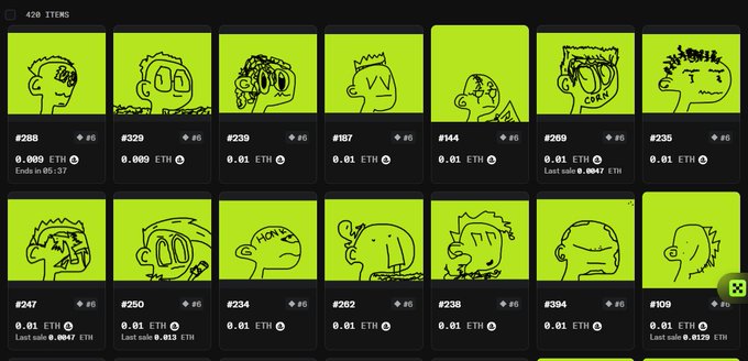 A digital marketplace displaying 420 items for sale, showing pixel art character avatars on bright green backgrounds with prices in ETH ranging from 0.009 to 0.01, and labels like 'CORN' visible on some items.