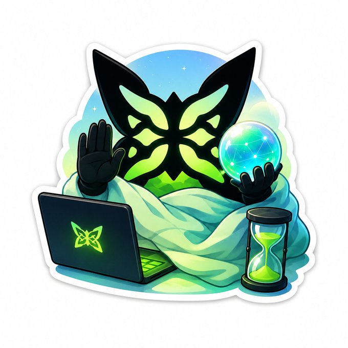 The image features a sticker of a cartoon butterfly with wings spread wide, sitting atop a laptop computer. The butterfly appears to be holding a globe or ball in its hands. Surrounding these elements are two hourglasses, one on each side of the butterfly. The scene is set against a white background and includes text that reads "Focus on what is in the image and how it relates to the post".